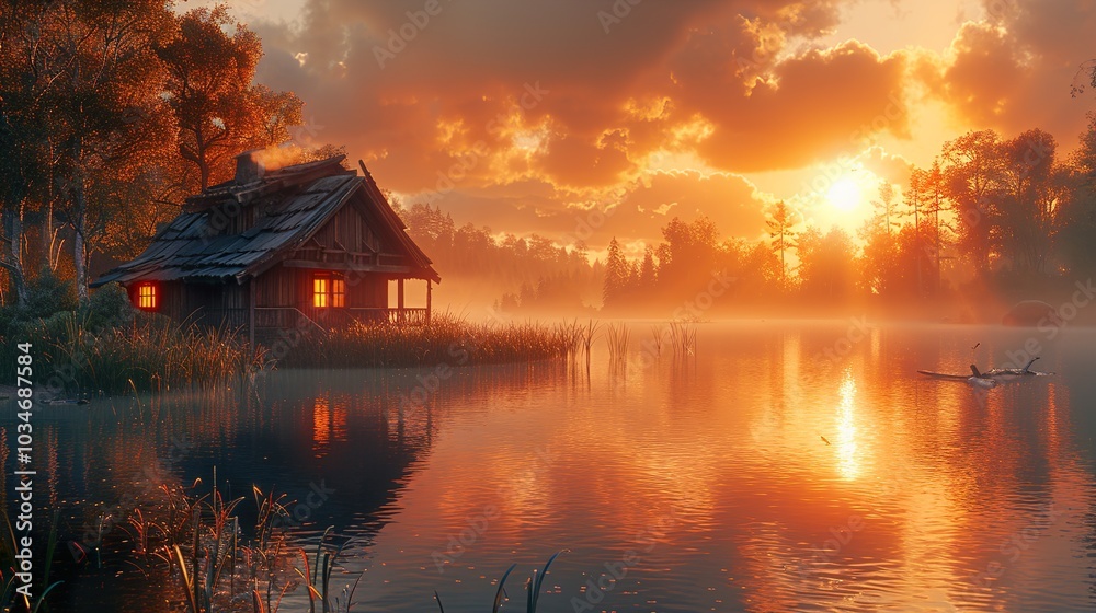 Fototapeta premium Cabin by the Lake at Sunset - Tranquil Nature Photography