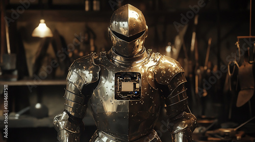 A robot knight in a workshop, mechanical knight armor 