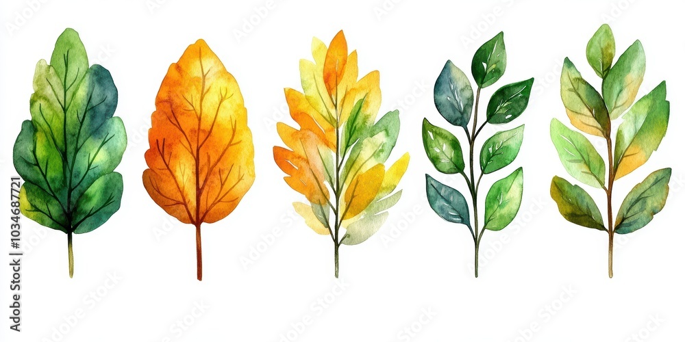 Obraz premium Watercolor painted leaves in various shades of green and yellow.