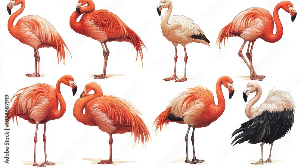 Obraz premium Eight flamingo illustrations, various poses and colors.