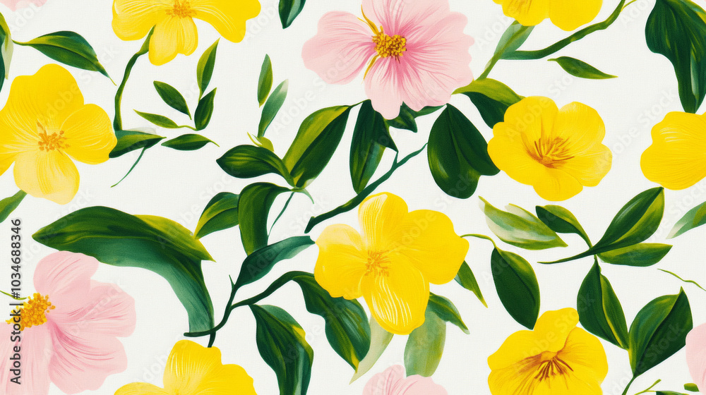 3D flowers print and plants print in pink yellow green white colored branch tree exotic seamless patchwork pattern. fashion trendy silk satin banner background for fabric textile design wallpaper
