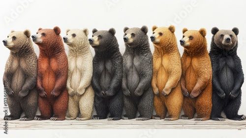 Eight brown bears standing on a wooden plank. photo