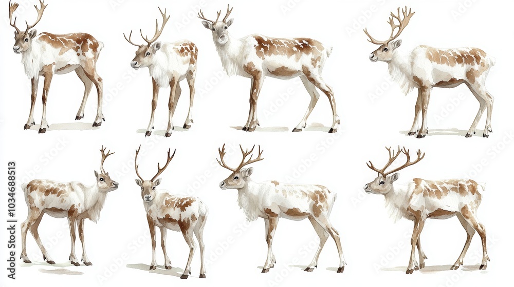 Obraz premium Six reindeer with brown spots on white fur.