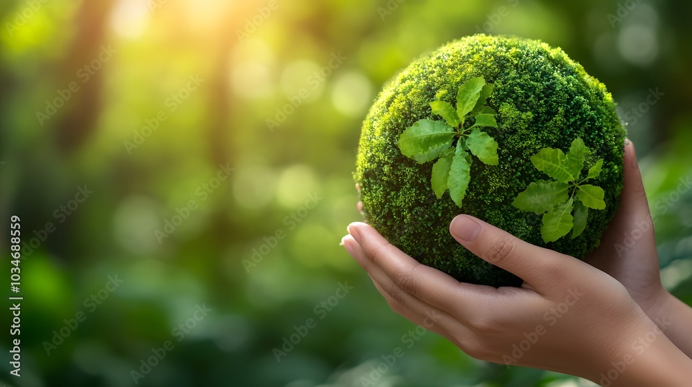 Hands protecting globe of green tree on tropical nature summer background, Ecology and Environment concept. Hands protecting globe of green tree on tropical nature summer background, Ecology and Environment concept.
