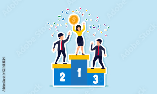 Businesspeople are celebrating the champion, with the first-place winner receiving dollar coins, illustration of success in business competition and achieving profits and revenue