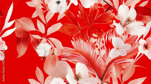 flowers print and plants print in red white colored exotic seamless patchwork pattern. fashion trendy banner background for fabric textile design wallpaper
