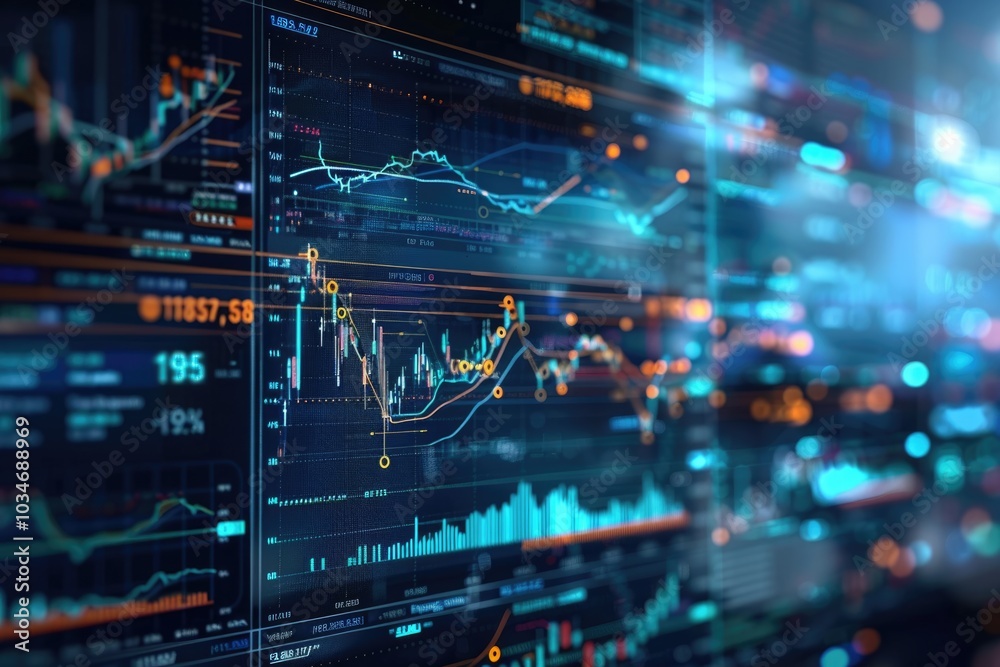 Holographic interface showing AI-driven stock market analysis with advanced financial tools and dynamic data visualization Holographic interface showing AI-driven stock market analysis with advanced financial tools and dynamic data visualization