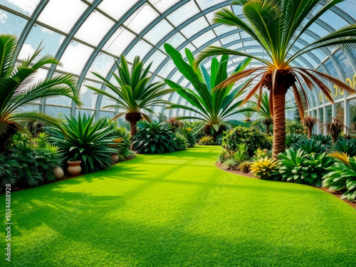 A lush green garden with palm trees and a grassy area. The garden is enclosed by a glass roof, giving it a tropical feel