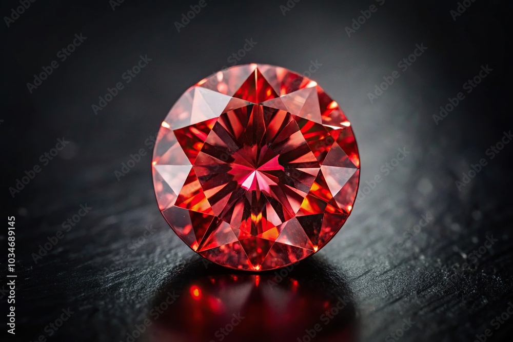 Aerial view of sparkling red round cut diamond on black background with shining ruby Aerial view of sparkling red round cut diamond on black background with shining ruby