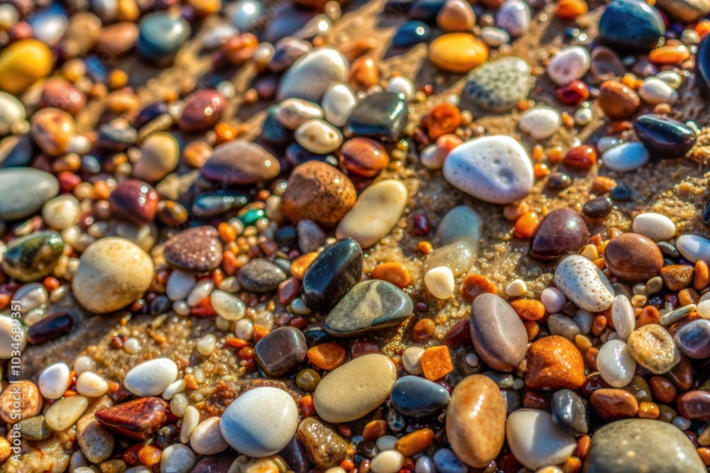 Colorful pebbles on sandy beach with fine sand texture Colorful pebbles on sandy beach with fine sand texture