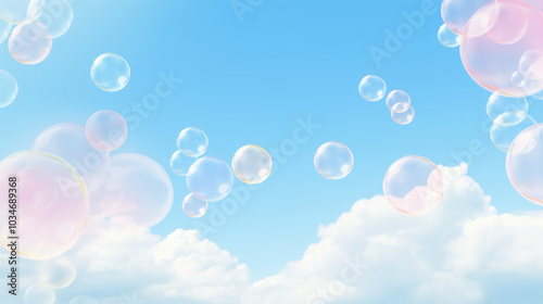 Translucent bubbles drift through a bright blue sky dotted with fluffy white clouds, enhancing the cheerful mood of a beautiful summer day, background, copy space