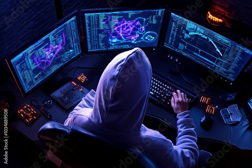 White hat hacking, depicted as a cyber security expert performing a penetration test on corporate networks, with security graphs on monitors