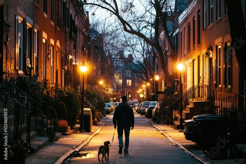 A man walking his dog along a city street at dusk, passing through a neighborhood lined with townhouses and lit street lamps