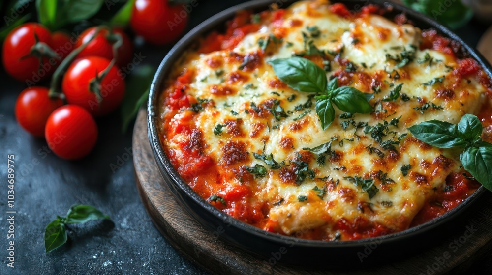 A mouth-watering baked lasagna with cheese and sauce, garnished with fresh tomatoes and herbs. A mouth-watering baked lasagna with cheese and sauce, garnished with fresh tomatoes and herbs.