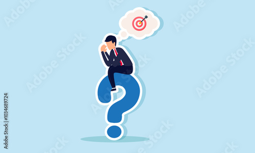 A businessman sits on a question mark, puzzled about the target board, illustration of confusion in strategizing to meet business goals