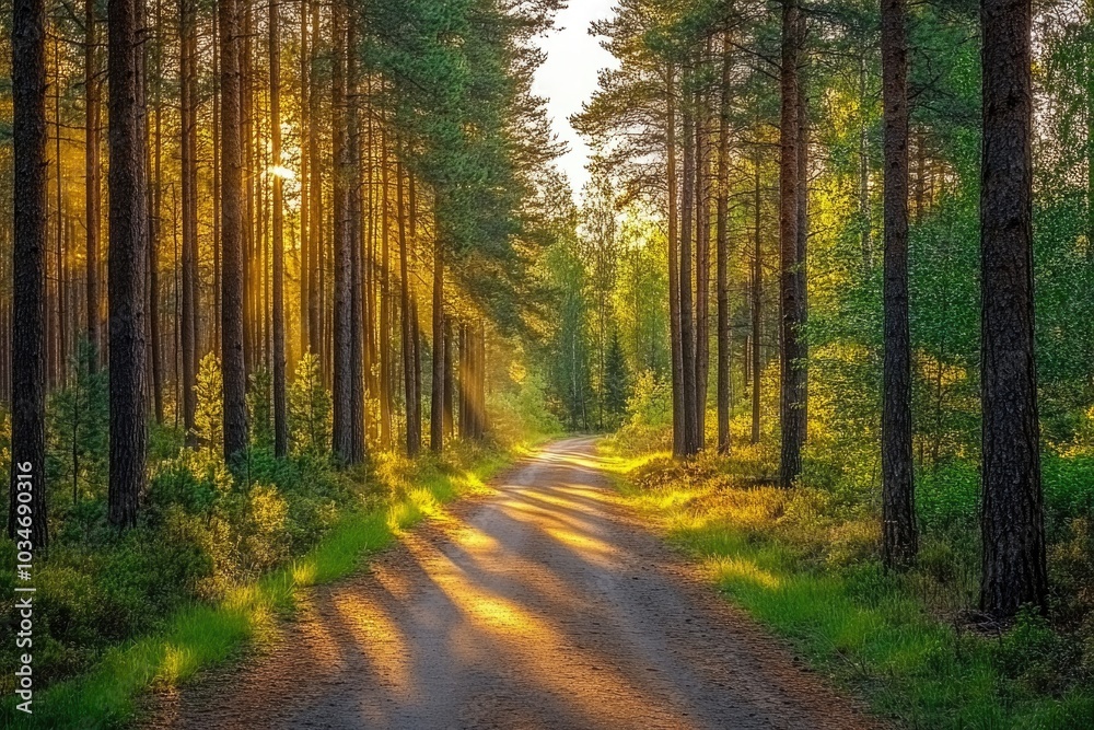 Obraz premium Sunlight filtering through pine trees onto a quiet forest road, tranquil and scenic