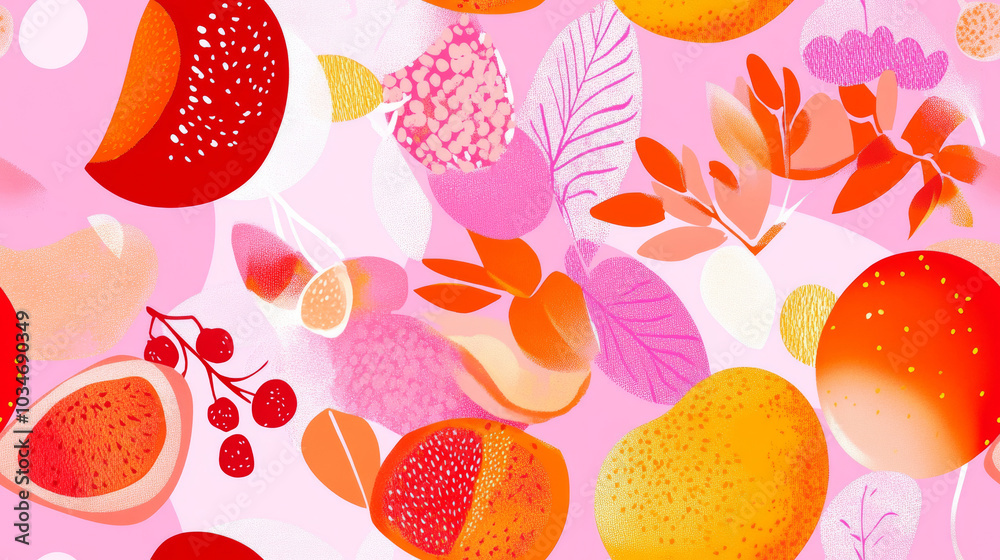 fruit print and plants print in red orange yellow pink white colored citrus branches exotic seamless patchwork pattern. fashion trendy banner background for fabric textile design wallpaper fruit print and plants print in red orange yellow pink white colored citrus branches exotic seamless patchwork pattern. fashion trendy banner background for fabric textile design wallpaper