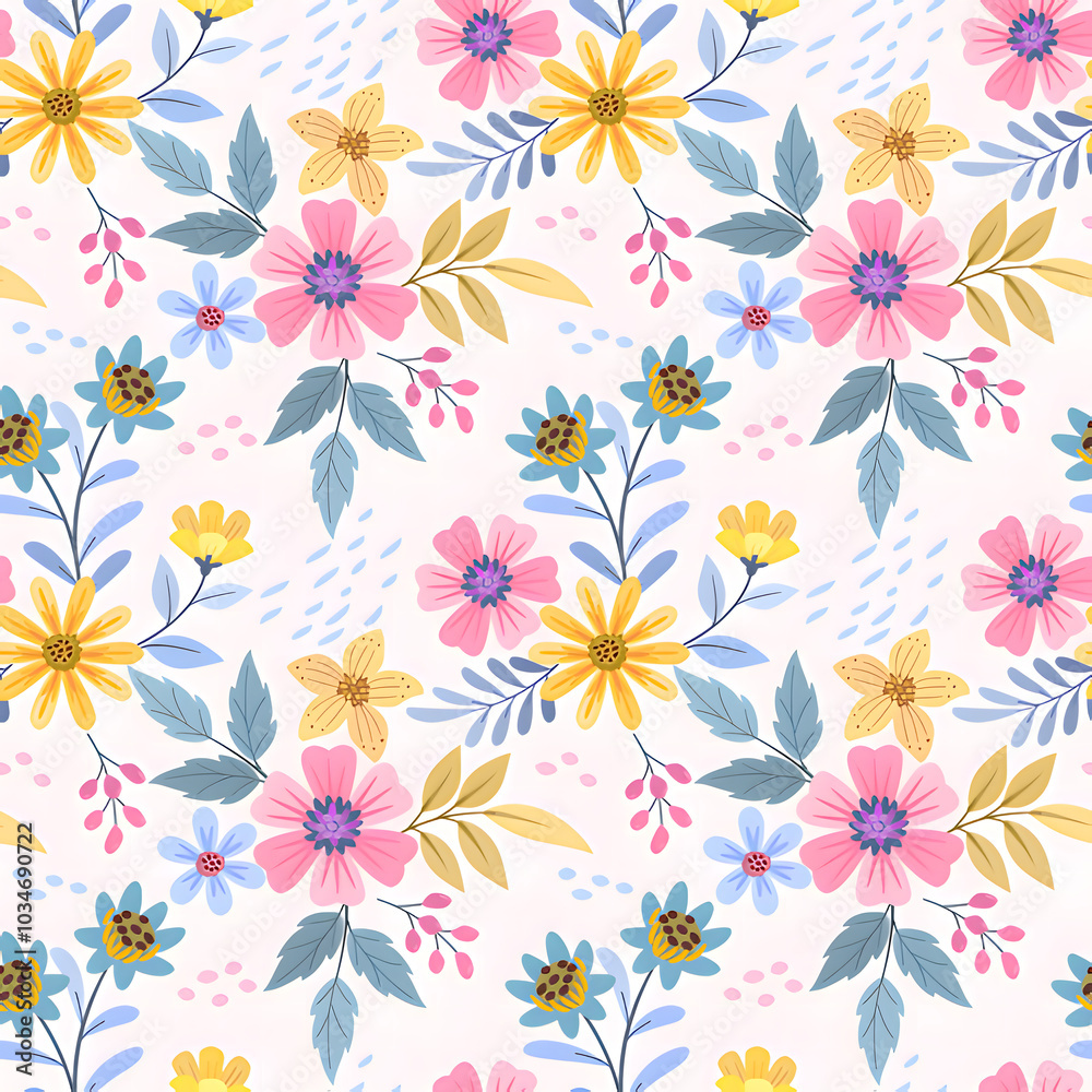 custom made wallpaper toronto digitalA vibrant seamless floral pattern featuring pink, yellow, and blue wildflowers, capturing the fresh and lively essence of a summer meadow