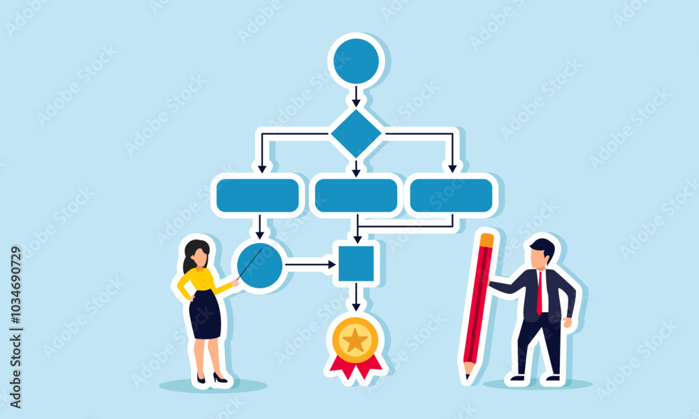 A businessman with a pencil and another with a stick are near a flowchart and an award medal, illustration of strategic planning for business success A businessman with a pencil and another with a stick are near a flowchart and an award medal, illustration of strategic planning for business success