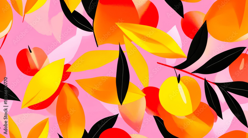 fruit print and plants print in red orange yellow pink white colored citrus branches exotic seamless patchwork pattern. fashion trendy banner background for fabric textile design wallpaper