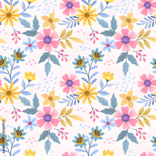 Wallpaper Mural A vibrant seamless floral pattern featuring pink, yellow, and blue wildflowers, capturing the fresh and lively essence of a summer meadow Torontodigital.ca
