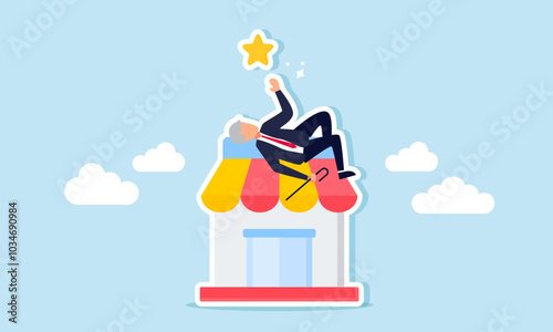 An elderly businessman lies on top of a store, reaching for a star, illustration of the enjoyment of success from hard work in building a marketplace