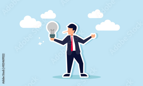 A long-nosed businessman holds and displays a broken lamp, illustration of the act of offering bad ideas or idea scams or idea manipulation