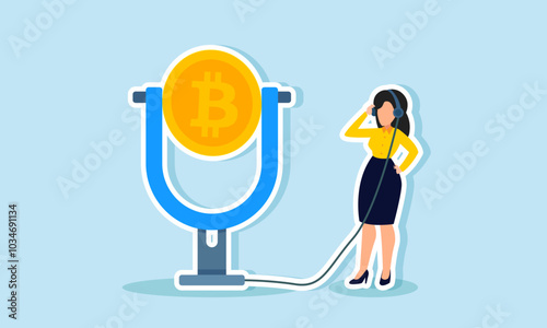 A businesswoman is live streaming using a bitcoin microphone, illustration of the promotion or talk show about bitcoin