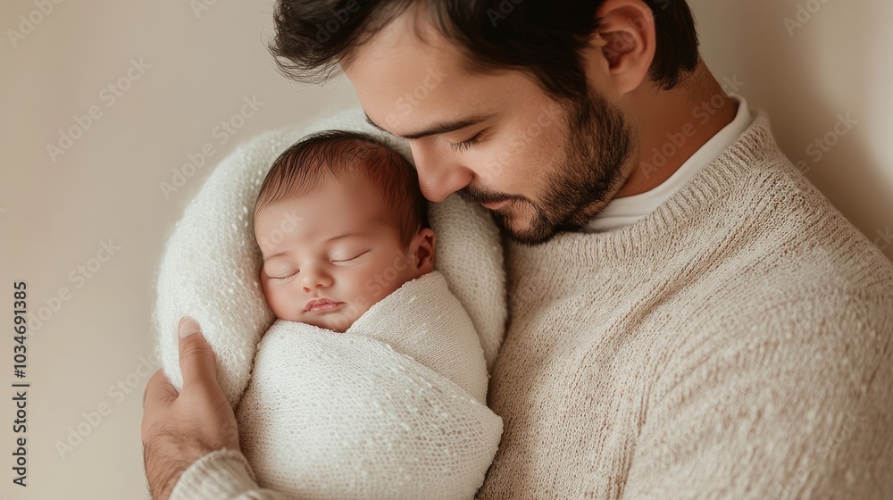 Very realistic photo of a father cradling his newborn baby wrapped in a soft white blanket The father’s loving expression as he gazes at his baby sleeping peacefully captures a serene and intimate Very realistic photo of a father cradling his newborn baby wrapped in a soft white blanket The father’s loving expression as he gazes at his baby sleeping peacefully captures a serene and intimate