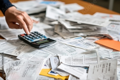 A close-up of debt notices and bills scattered on a table, with a hand nervously reaching for a calculator, highlighting financial stress and the burden of debt photo