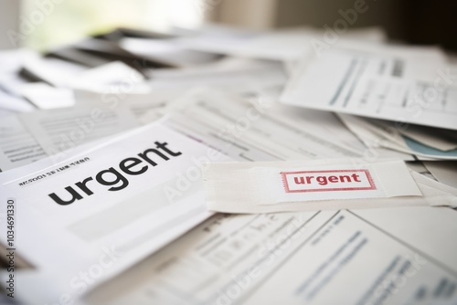A close-up of overdue bills and debt notices on a cluttered table, with a focus on the 