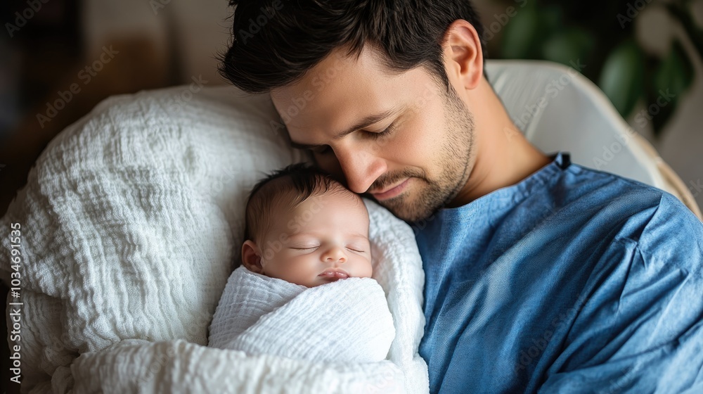Very realistic photo of a calm father gently holding his newborn baby wrapped in a soft white blanket The father in a blue hospital gown gazes lovingly at his sleeping child, the peaceful moment Very realistic photo of a calm father gently holding his newborn baby wrapped in a soft white blanket The father in a blue hospital gown gazes lovingly at his sleeping child, the peaceful moment