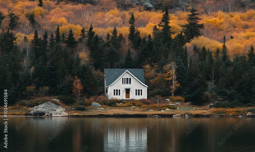 Fototapeta premium Secluded Cabin Nestled Amongst Lush Forest