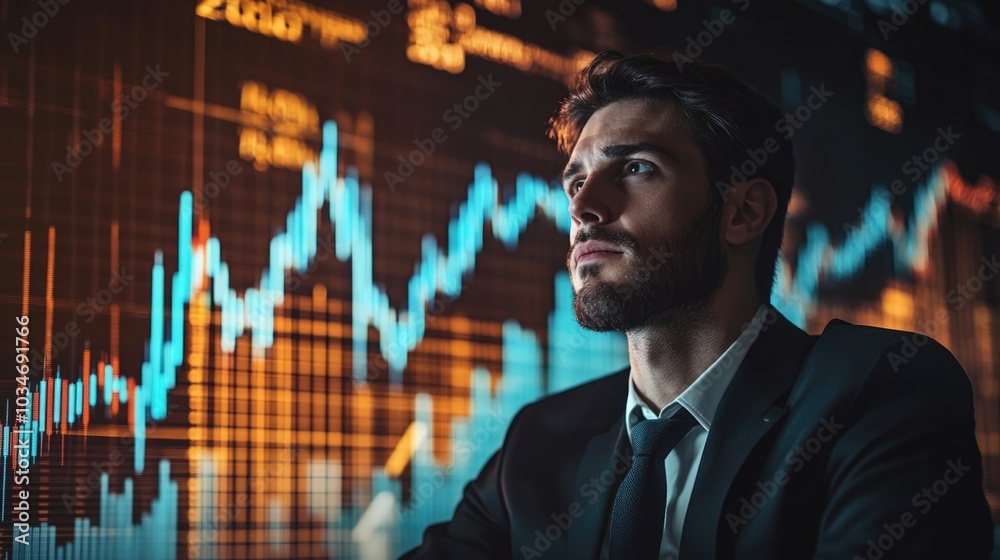 Fototapeta premium Very realistic photo of a businessman showcasing a bar graph with an upward trend and stock market figures displayed behind him Highlighting business success and corporate growth Styled like a