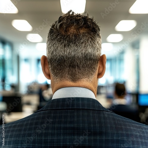 Businessman viewed from behind in a modern office setting.