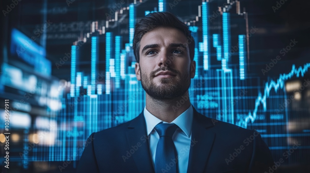Very realistic photo of a businessman showcasing a rising bar graph with stock market figures behind him Highlighting business success and financial growth Styled like a high-end lifestyle magazine, Very realistic photo of a businessman showcasing a rising bar graph with stock market figures behind him Highlighting business success and financial growth Styled like a high-end lifestyle magazine,