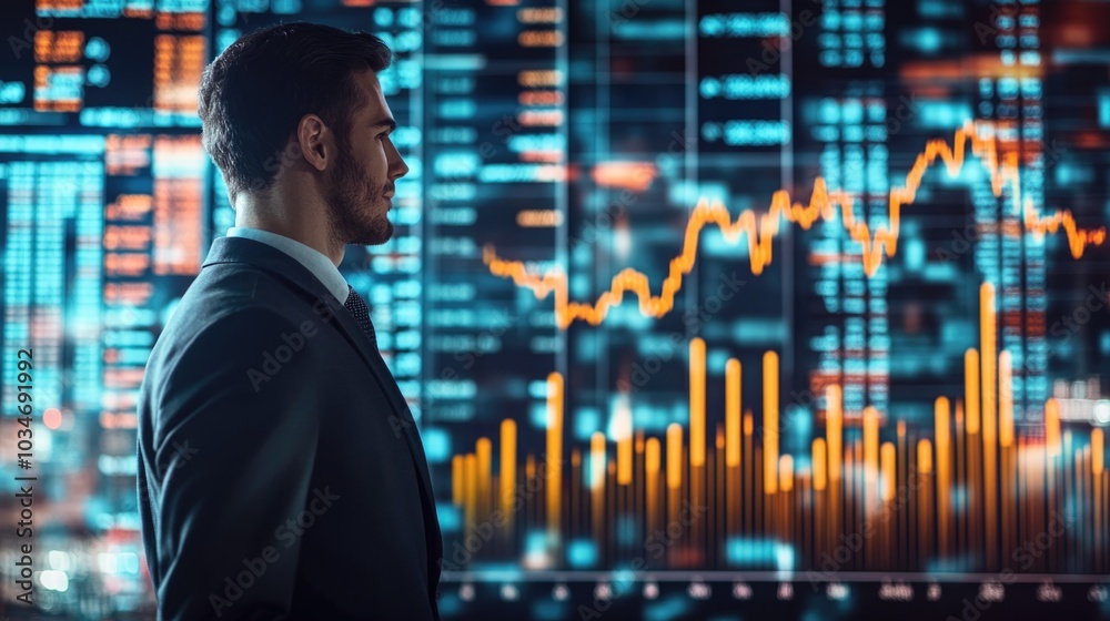 Very realistic photo of a businessman showcasing a rising bar graph, with stock market figures displayed behind him Highlighting the growth in financial performance Styled like a high-end lifestyle Very realistic photo of a businessman showcasing a rising bar graph, with stock market figures displayed behind him Highlighting the growth in financial performance Styled like a high-end lifestyle