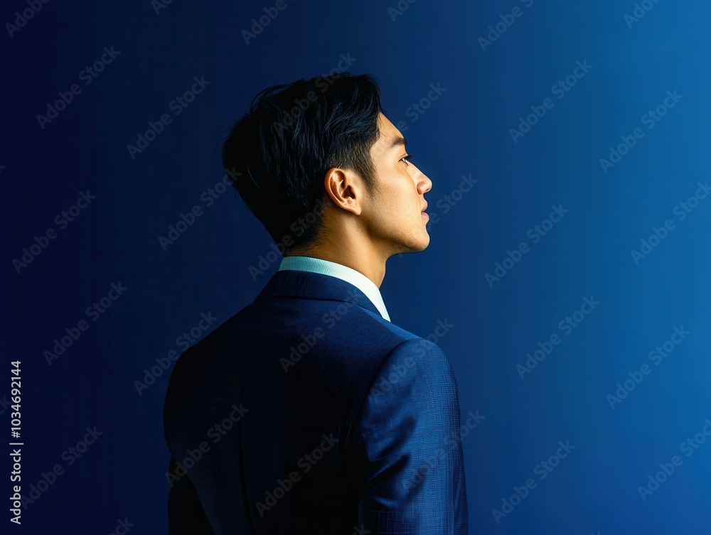 Profile of a man in a suit against a blue gradient background.