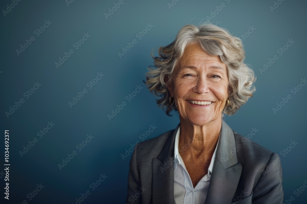 A cheerful senior woman in a blazer, smiling while addressing an audience, set against a solid color background, highlighting her leadership and expertise A cheerful senior woman in a blazer, smiling while addressing an audience, set against a solid color background, highlighting her leadership and expertise