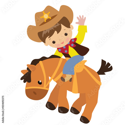 Cute little cowboy riding a horse vector cartoon illustration