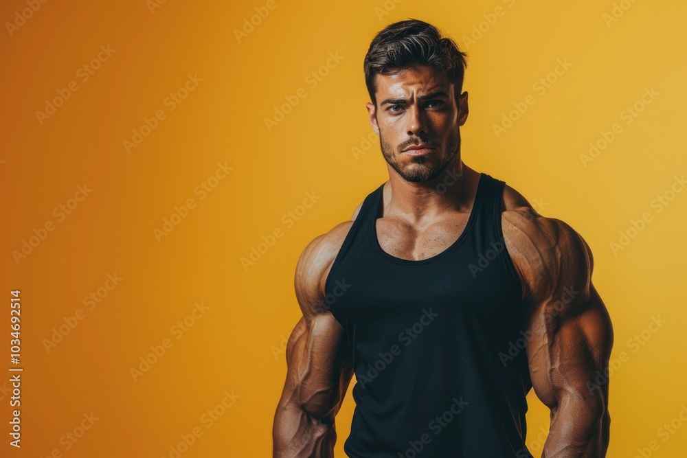 A strong, fit man with a focused expression, solid color backdrop blending physical power with mental sharpness, perfect for gym promotions A strong, fit man with a focused expression, solid color backdrop blending physical power with mental sharpness, perfect for gym promotions