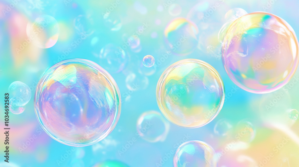 3D iridescent pink blue soap bubbles floating in air dreamy pastel bokeh background