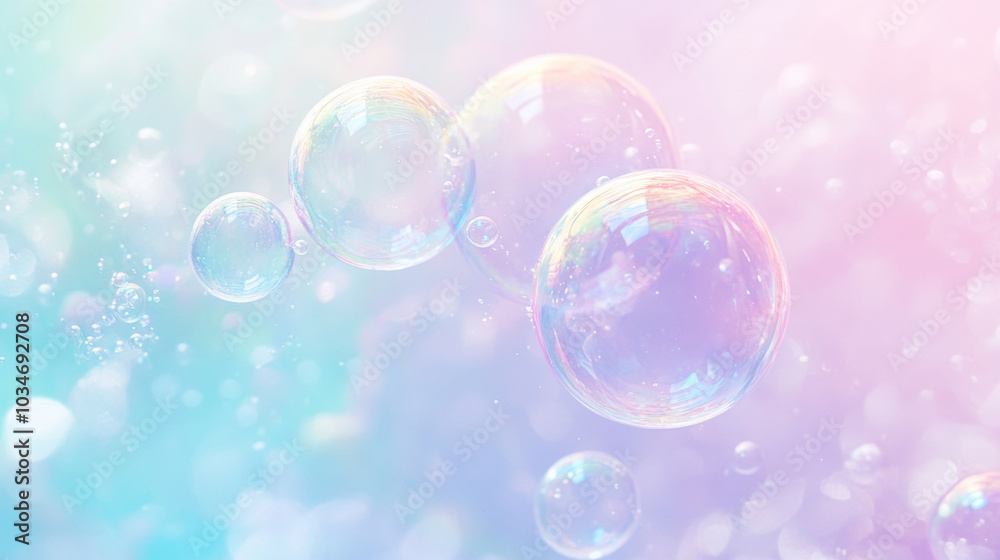 3D iridescent pink blue soap bubbles floating in air dreamy pastel bokeh background 3D iridescent pink blue soap bubbles floating in air dreamy pastel bokeh background