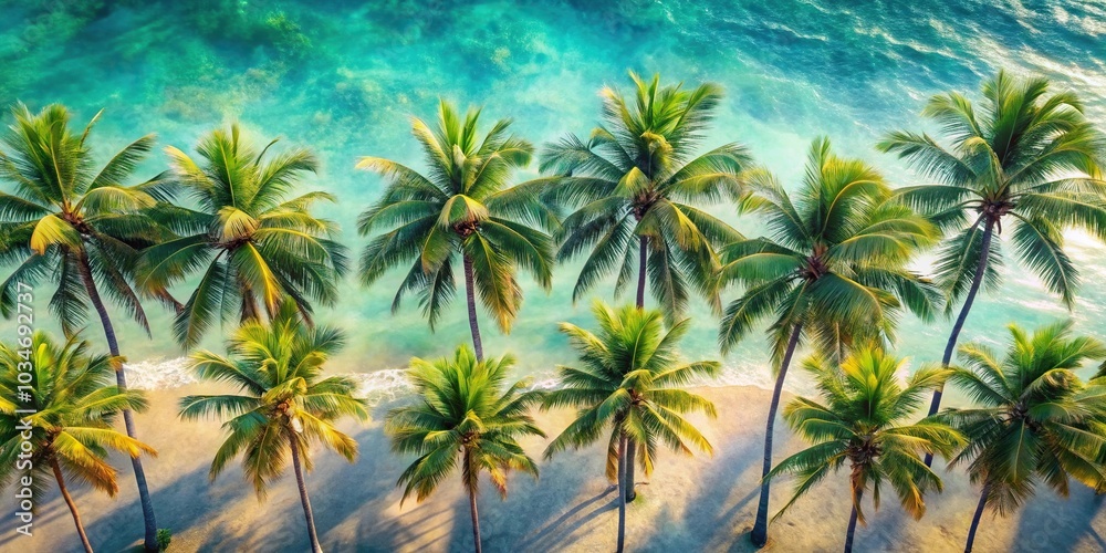 Aerial view of swaying palm trees in a summer watercolor style Aerial view of swaying palm trees in a summer watercolor style