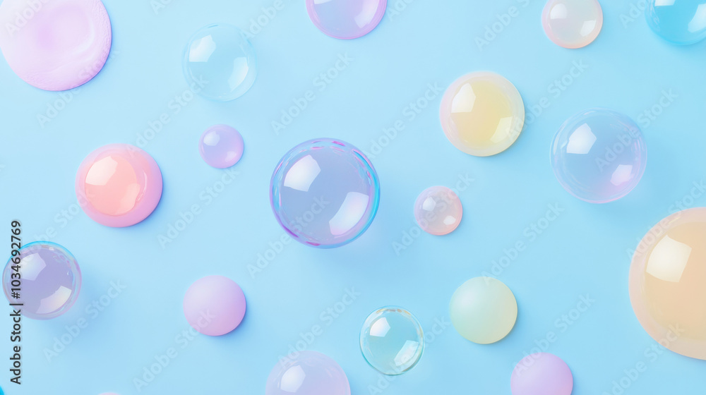 3D iridescent pink blue soap bubbles sphere floating in air dreamy pastel bokeh background 3D iridescent pink blue soap bubbles sphere floating in air dreamy pastel bokeh background
