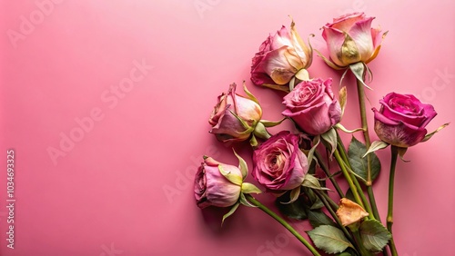 Aerial view of wilted roses on pink backdrop