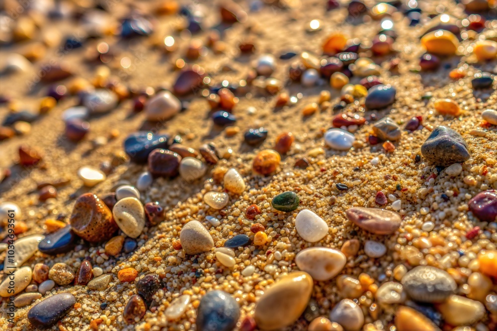 Colorful pebbles on sandy beach with warm sunlight and sand texture Colorful pebbles on sandy beach with warm sunlight and sand texture