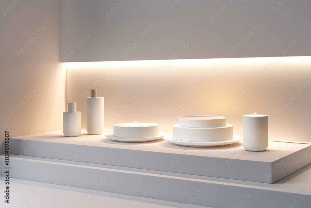 Sleek product display with a minimalist aesthetic and soft lighting Sleek product display with a minimalist aesthetic and soft lighting