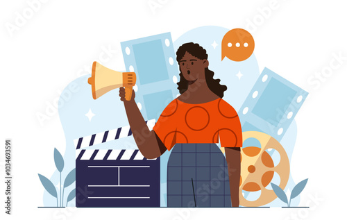 Woman with film production. Young girl with loudspeaker, clapperboard and film real. Filmmaker and director with video shuting. Film or TV series production. Flat vector illustration