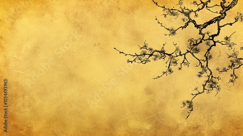 A delicate branch of cherry blossoms in black ink on a golden background.